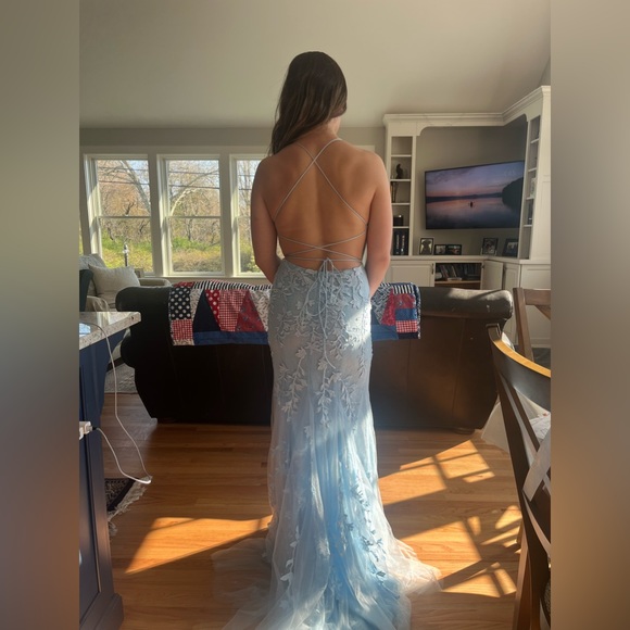 Mermaid Blue Long Prom Dress Backless Evening Dress - Picture 2 of 4